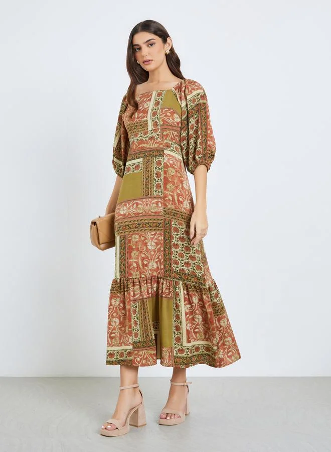 ستايلي فستان طويل نسائي مطبوع بأكمام منفوخة وحافة واسعة